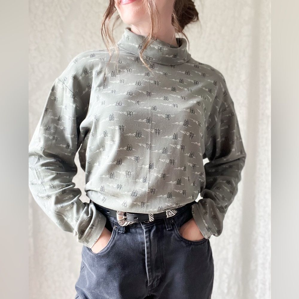 Green 90s Style Turtle Neck Mountains & Trees Long Sleeve Top